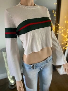 EUC: Cream Cropped Sweater w/ Red & Green Stripes by Paper Heart - Size L